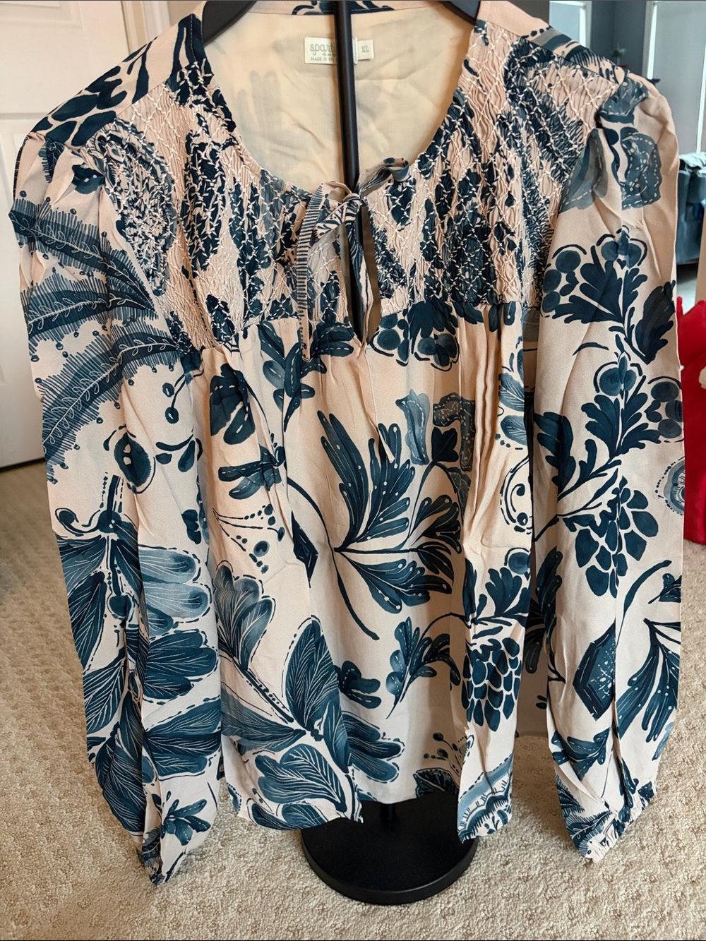 Spartina 449 Cream Blouse with Teal Floral Print and Smocked Yoke